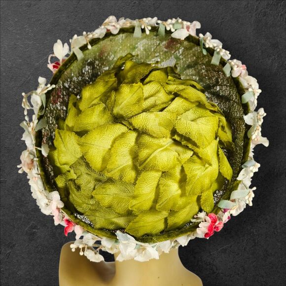 Vintage Sears Millinery Floral Hat w/ Original Box 1950s Green & White Spring main image 7